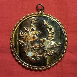 Double-sided Gold Tone Tiger's Eye Stone Gold Birds and Flowers Large Pendant